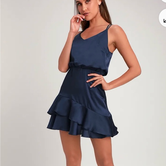 Lulu's Navy Satin Ruffle Mini Dress - Picture 3 of 15